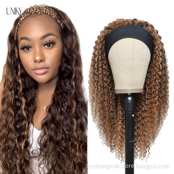 Uniky  high quality Ombre Highlight Headband Wig For Women Brazilian Water Wave Wig Remy Brown Colored Curly Human Hair Wigs